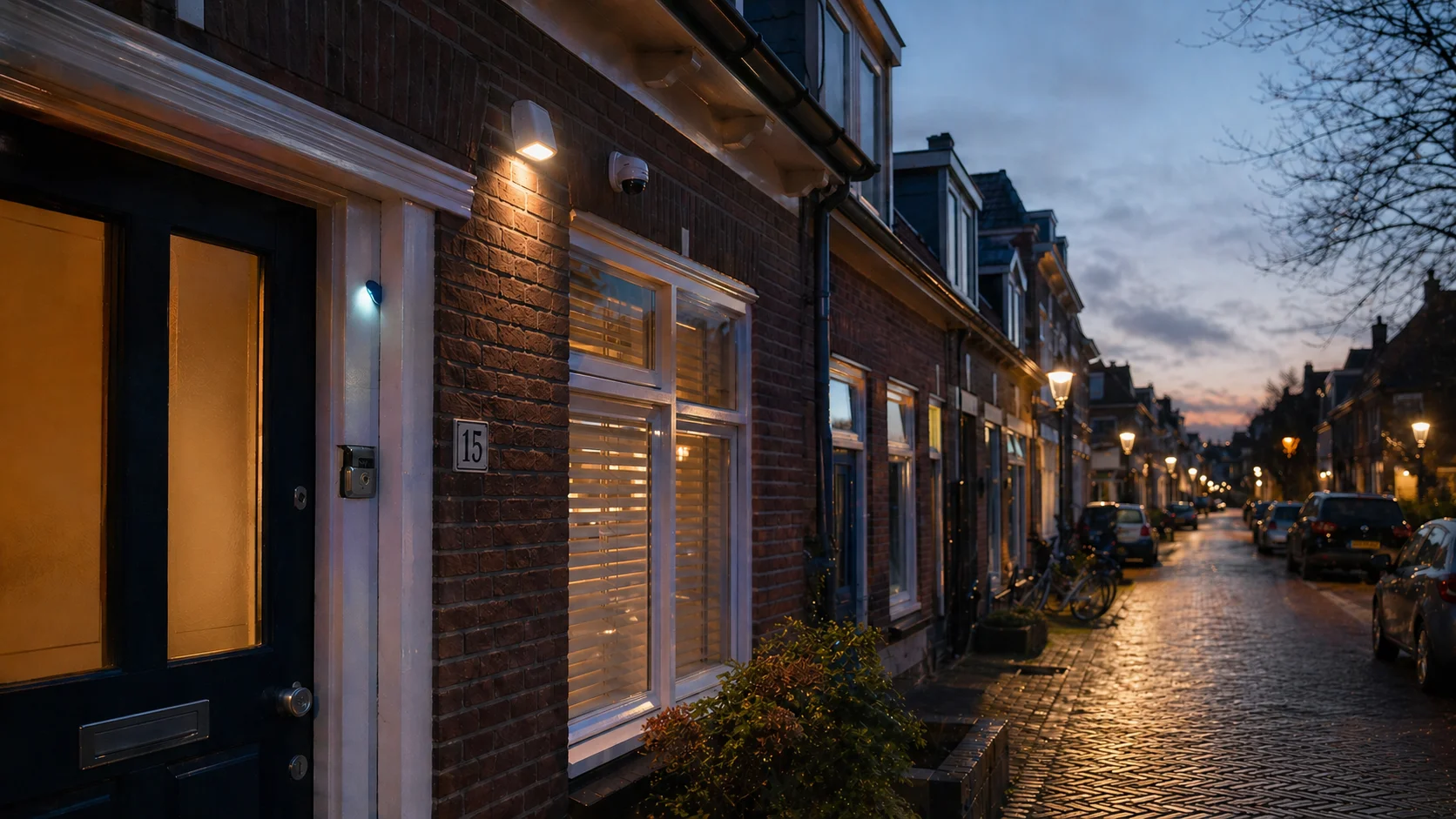 Nederlandse straat bij dusk met meerdere woningen die elk verschillende beveiligingslagen tonen: sensorlamp, dome-camera, AVG-sticker en stevig deurbeslag