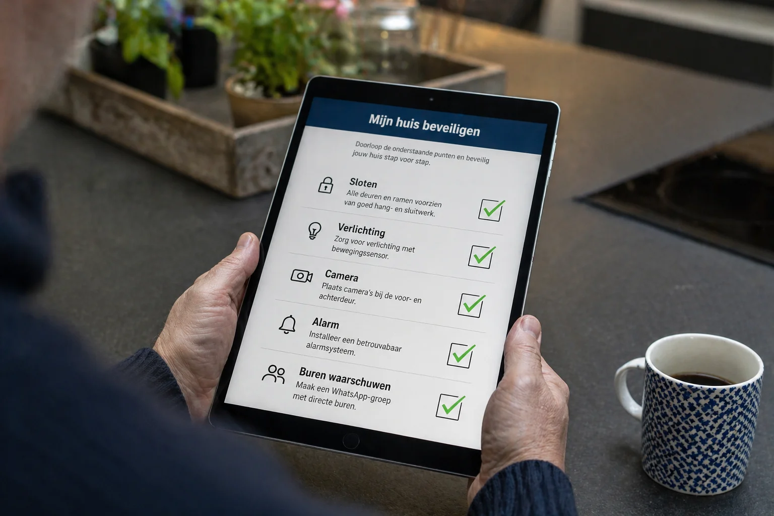 Tablet op een keukentafel met een digitale checklist 'Mijn huis beveiligen' met afgevinkte items: sloten, verlichting, camera, alarm, buren waarschuwen