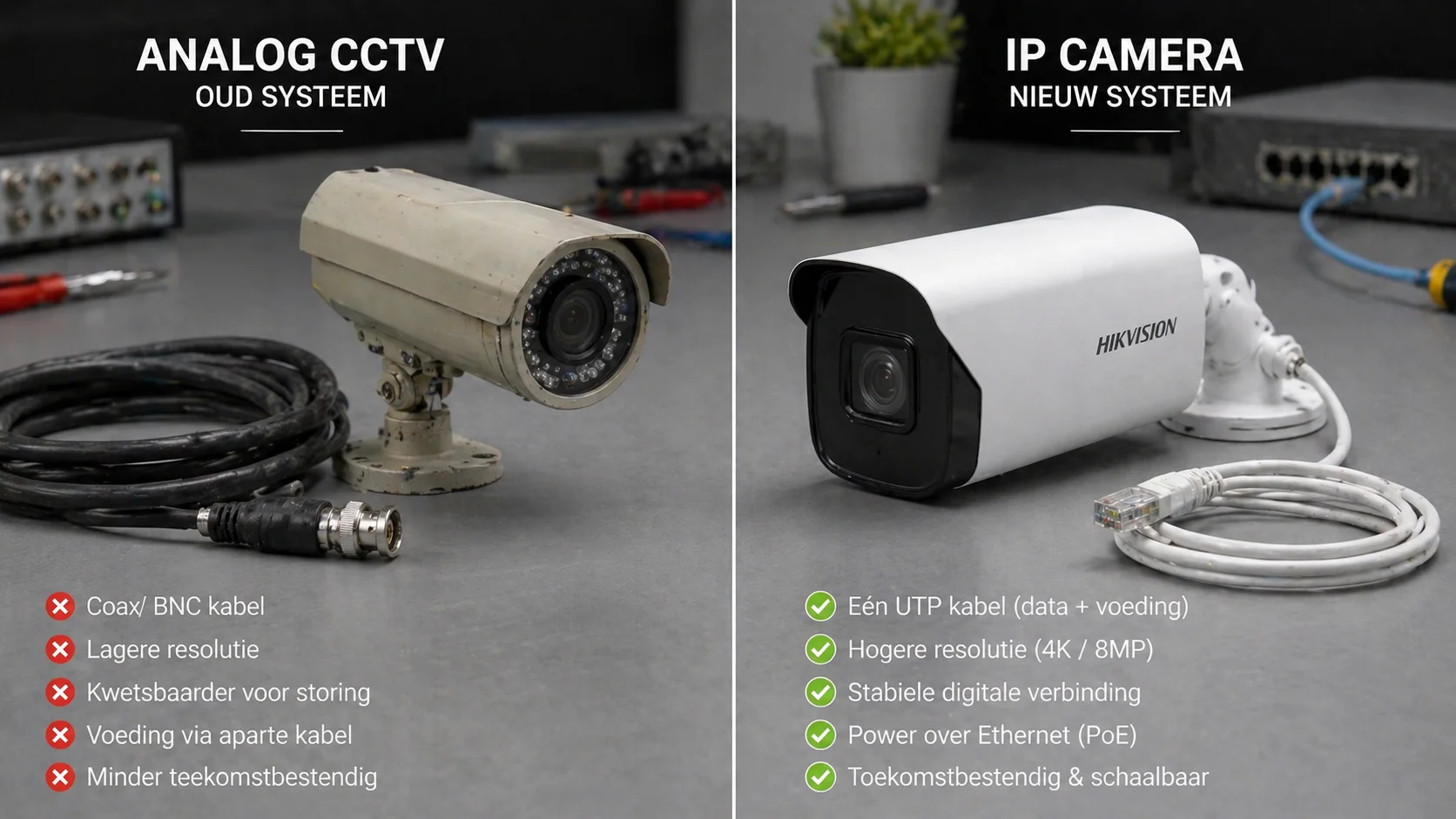 Split-vergelijking tussen een ouderwetse analoge CCTV-camera met dikke coax/BNC-kabel en een moderne slim IP-camera met enkele ethernetkabel