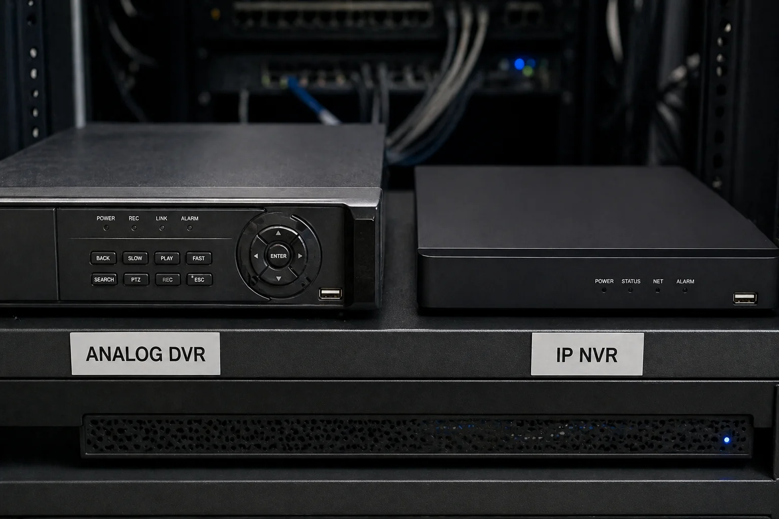Een ouder analoge DVR naast een moderne slim IP NVR in een serverrack, beide gelabeld