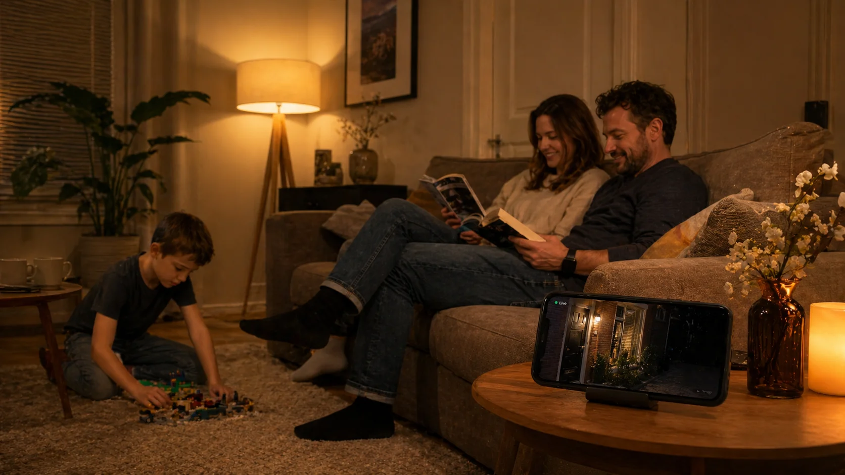 Nederlands gezin in een woonkamer 's avonds, met op de salontafel een smartphone die een live camera-feed van de voordeur toont