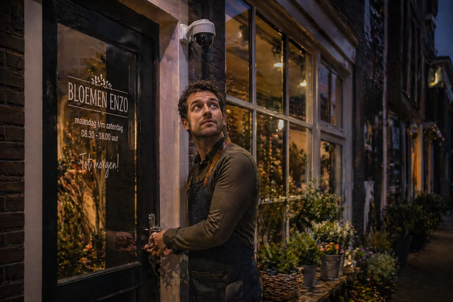 Nederlandse ondernemer sluit zijn winkel af in de avond en kijkt naar een dome-camera boven de deur