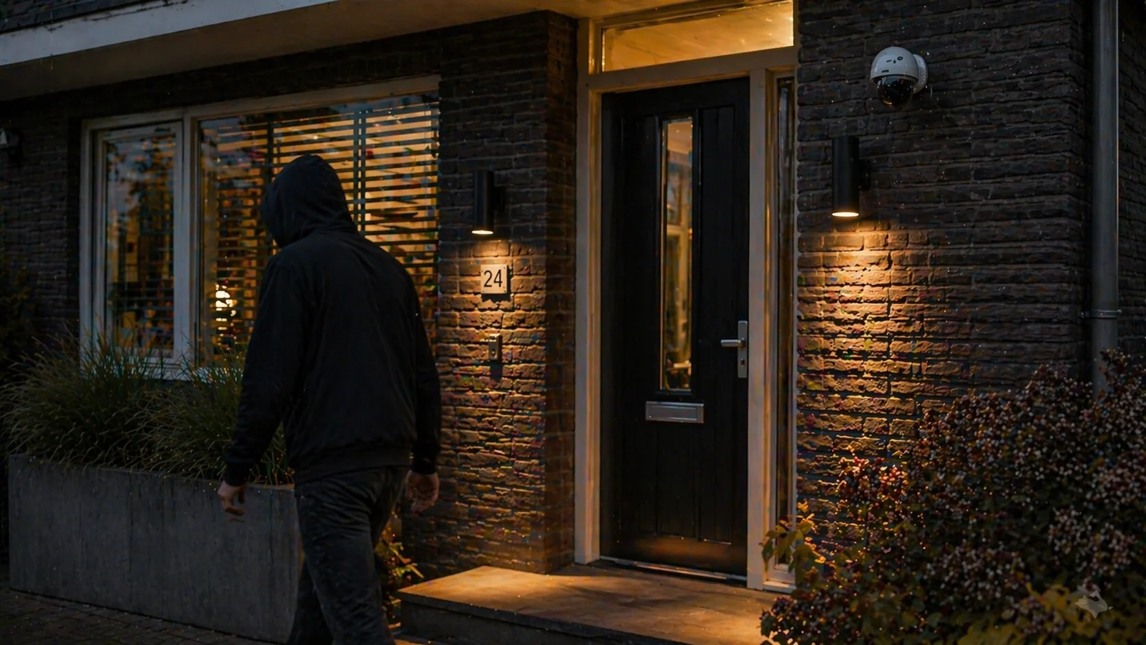 Silhouet van een gehulde figuur bij een verlichte Nederlandse voordeur met een zichtbare dome-camera bij dusk