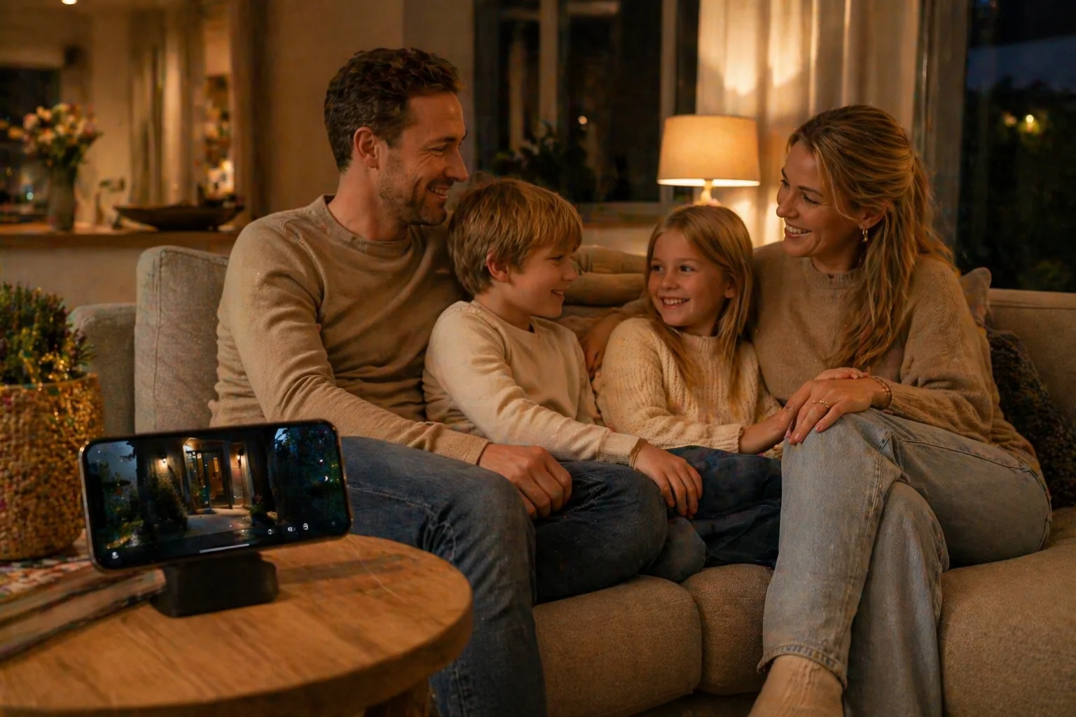 Nederlandse familie op de bank kijkt ontspannen naar een live camerafeed van de voordeur via een smartphone