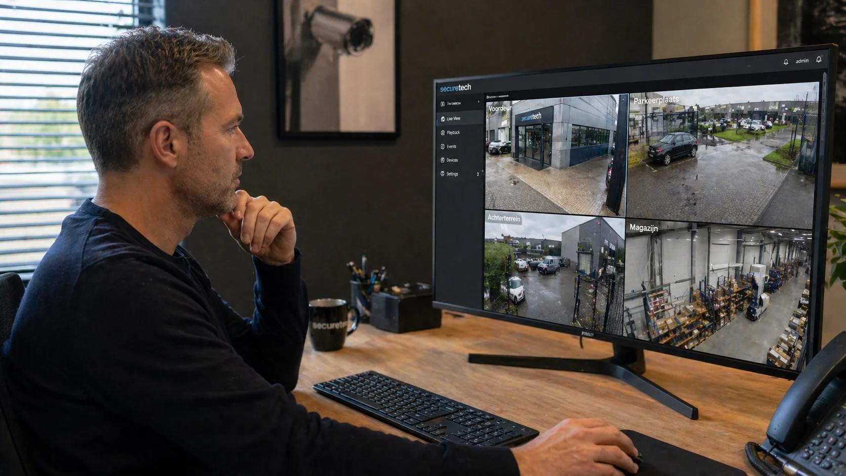 Nederlandse ondernemer reviewt camerabeelden op een grote monitor in zijn kantoor met meerdere camerahoeken zichtbaar