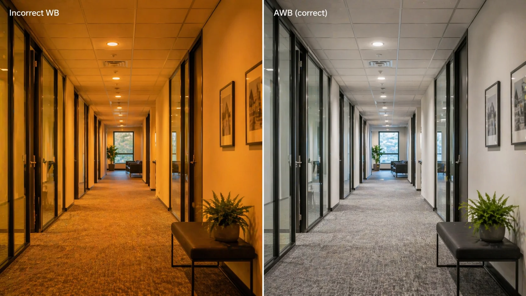 Kantoor-hal split-screen: links incorrect witbalans met warme oranje zweem, rechts natuurlijk neutraal kleurbeeld met AWB