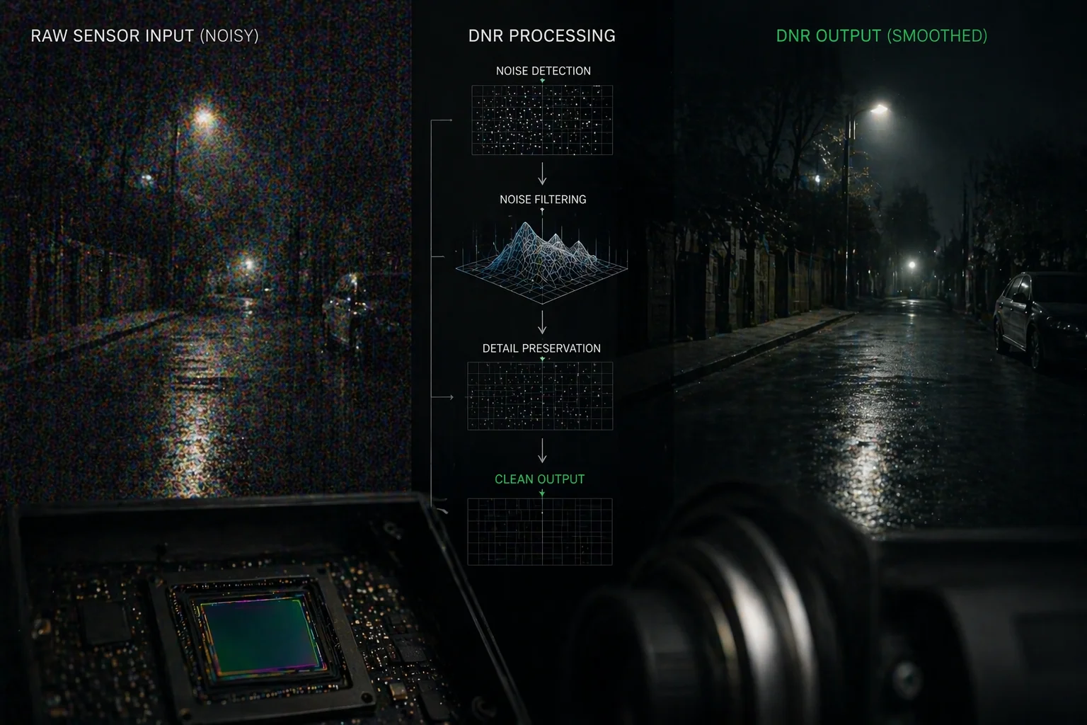 Donker cameraveld met overlay-visualisatie van het DNR-algoritme dat ruispixels detecteert en filtert