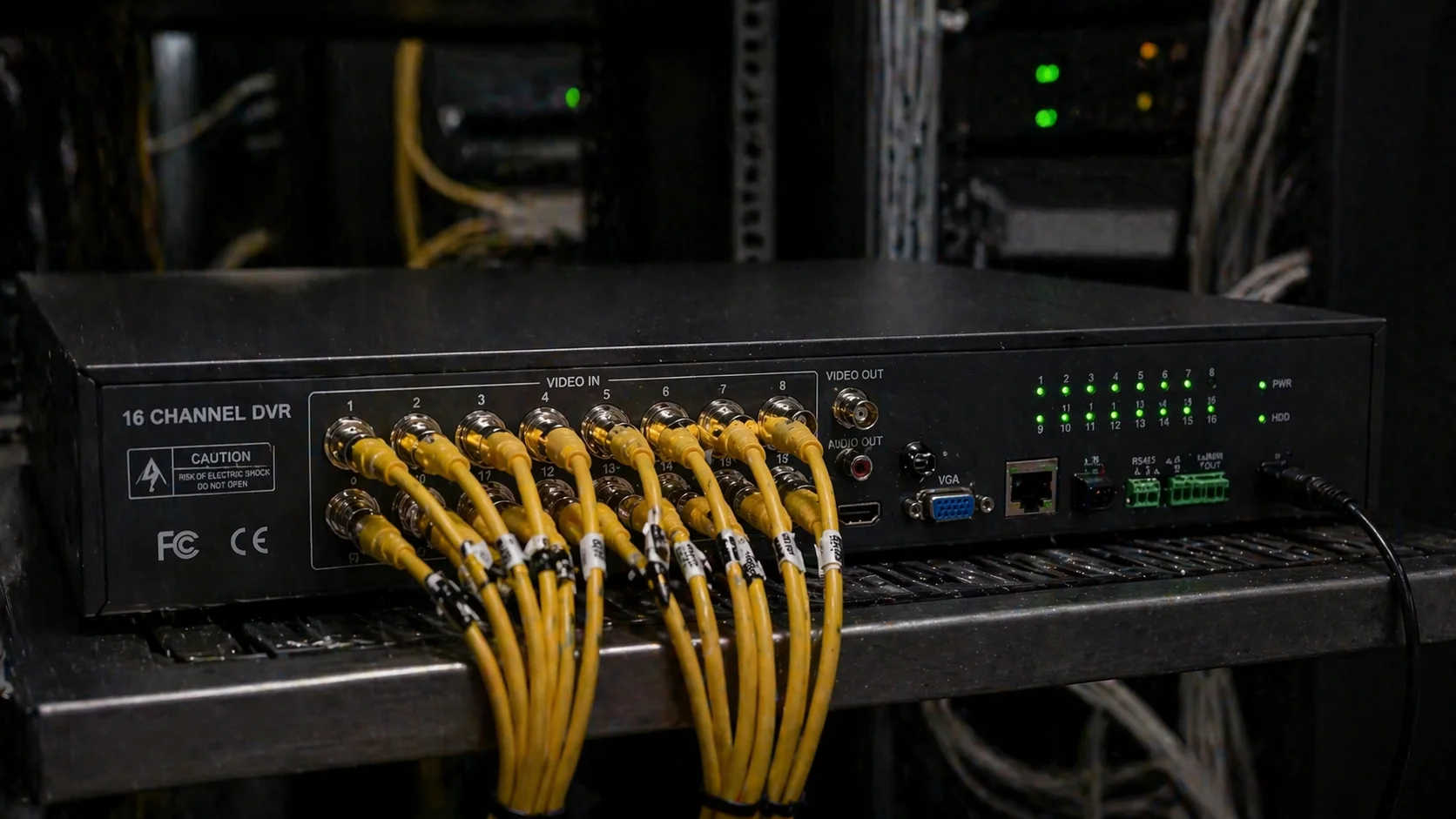 16-kanaals DVR op een rack met gele BNC-coaxkabels aangesloten en brandende statusleds