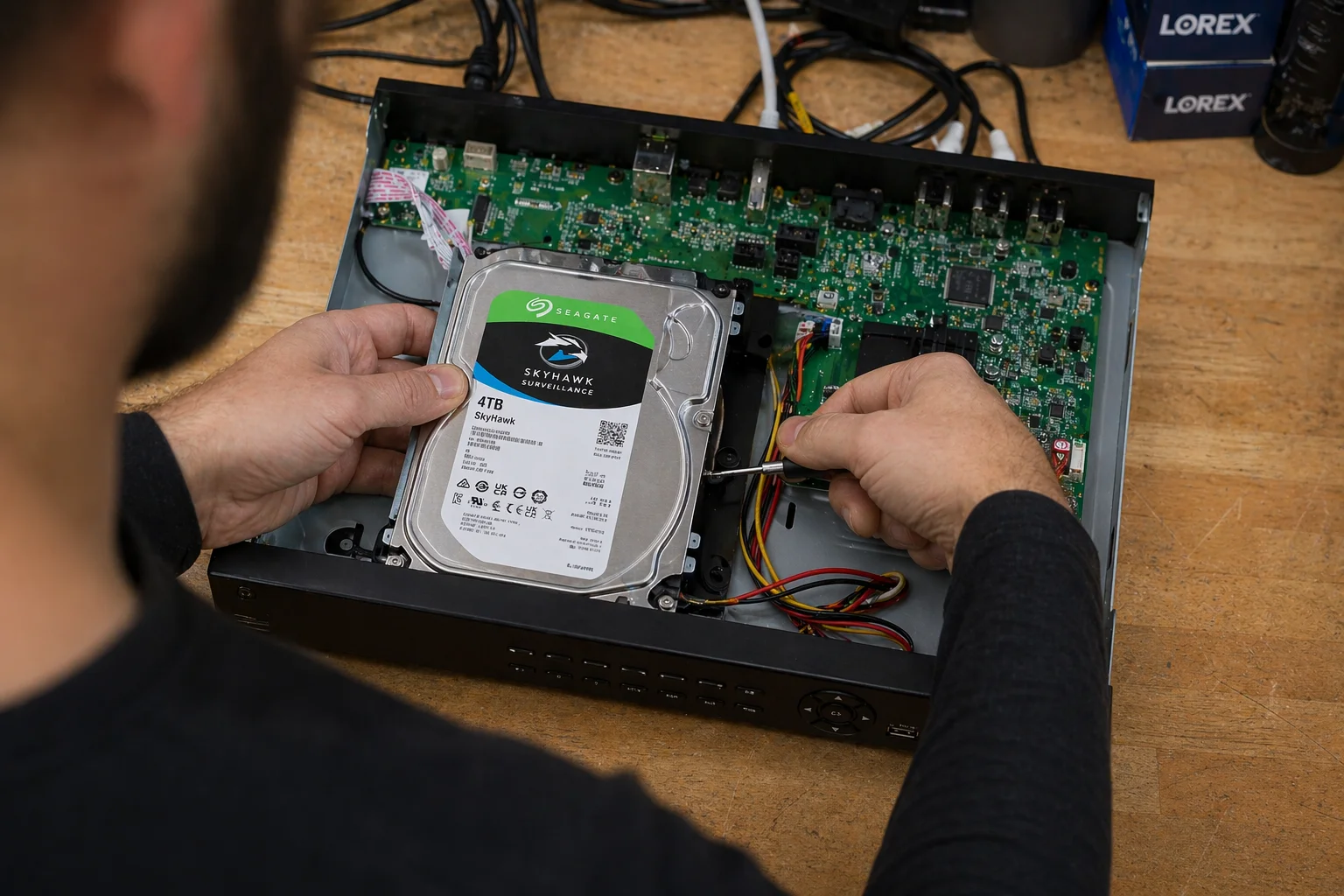 Installatie van een 4TB Seagate SkyHawk surveillance-harddisk in een geopende DVR-behuizing