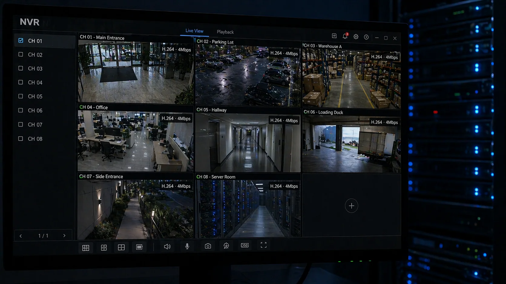 NVR-scherm met meerdere livestreams en H.264 4Mbps-indicator bovenin elke feed