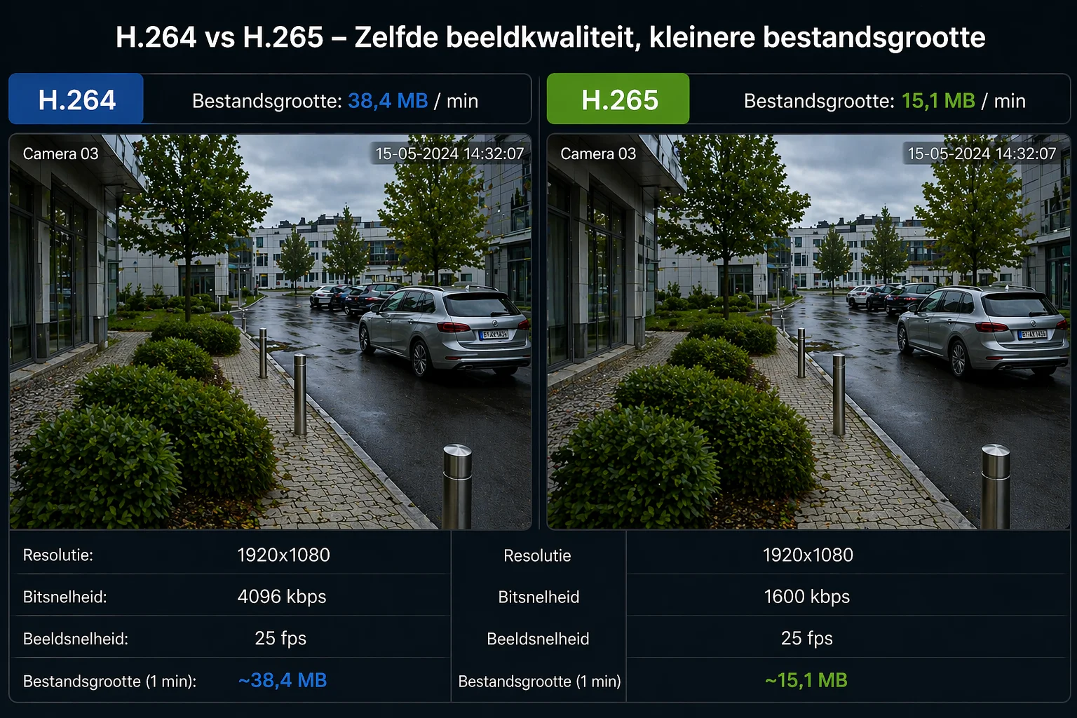 Split-screen vergelijking van dezelfde camerabeelden gecomprimeerd in H.264 (38,4 MB) versus H.265 (15,1 MB)