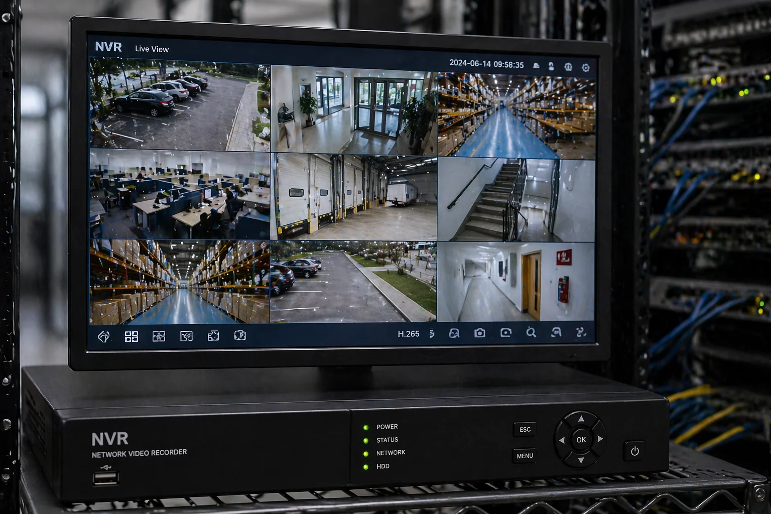 Netwerkvideorecorder toont meerdere H.265-camerastreams tegelijk op een live-monitor