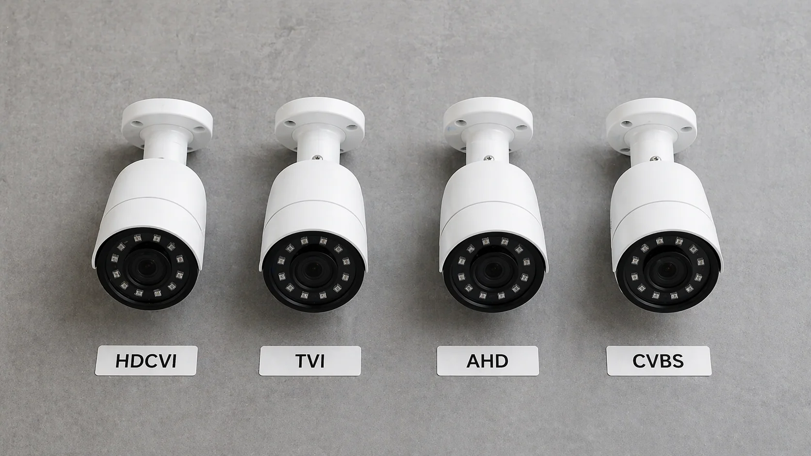 Flatlay van vier analoge beveiligingscamera's naast elkaar, elk gelabeld met hun signaalformaat HDCVI, TVI, AHD en CVBS