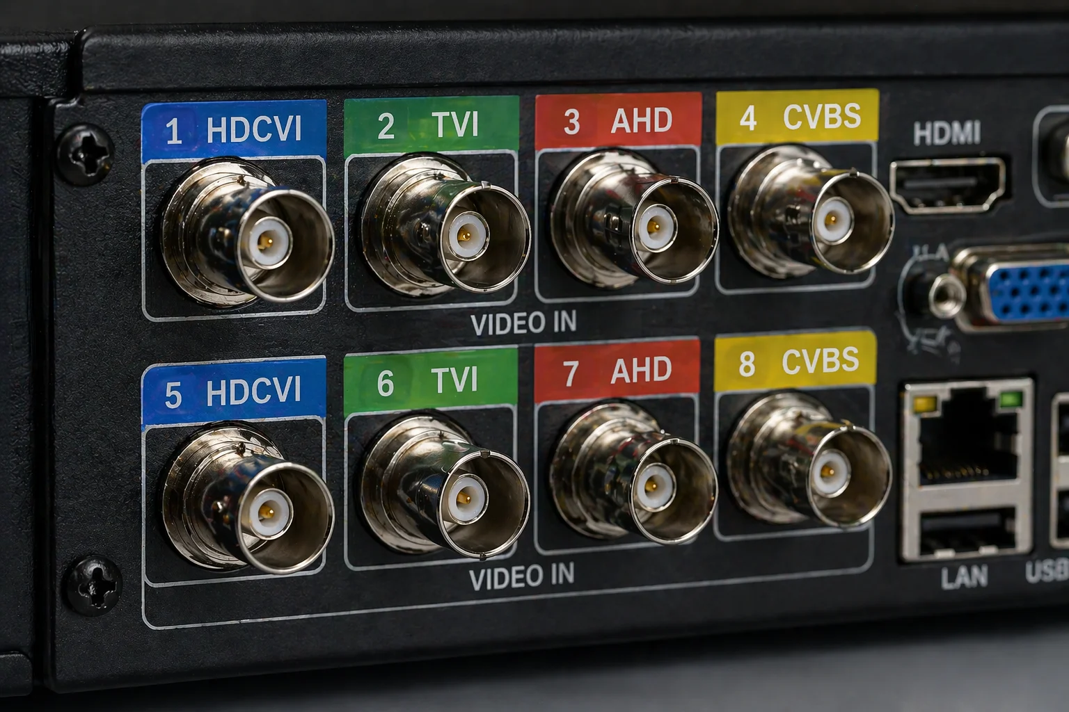 Achterkant van een hybride DVR met rijen BNC-connectoren en kleurgecodeerde labels voor HDCVI, TVI, AHD en CVBS