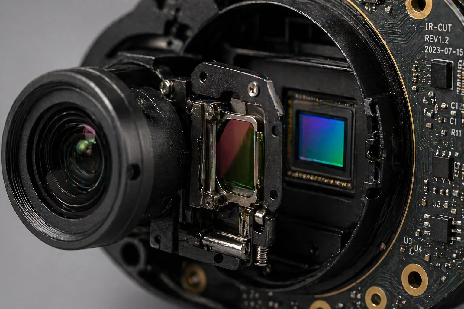 Macro-opname van een camera-lens met de mechanische IR-cut filter vóór de beeldsensor zichtbaar