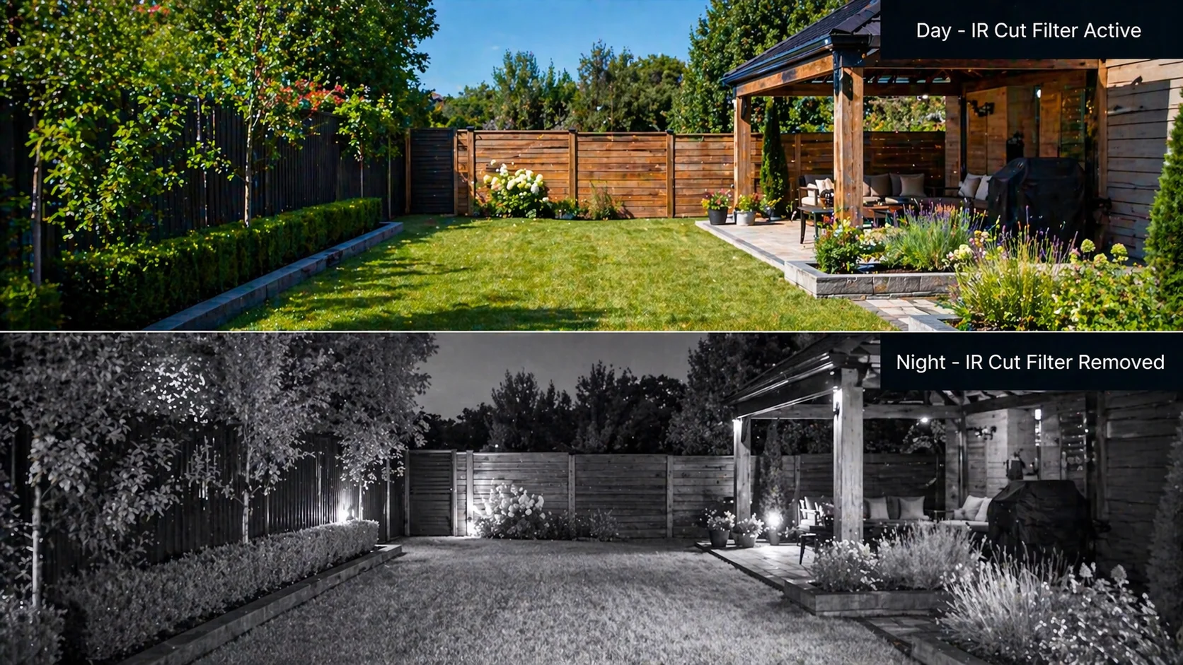 Split-vergelijking van dezelfde tuin: boven in kleur overdag (IR-cut filter actief), onder in monochroom nachtzicht (filter weggeklapt)