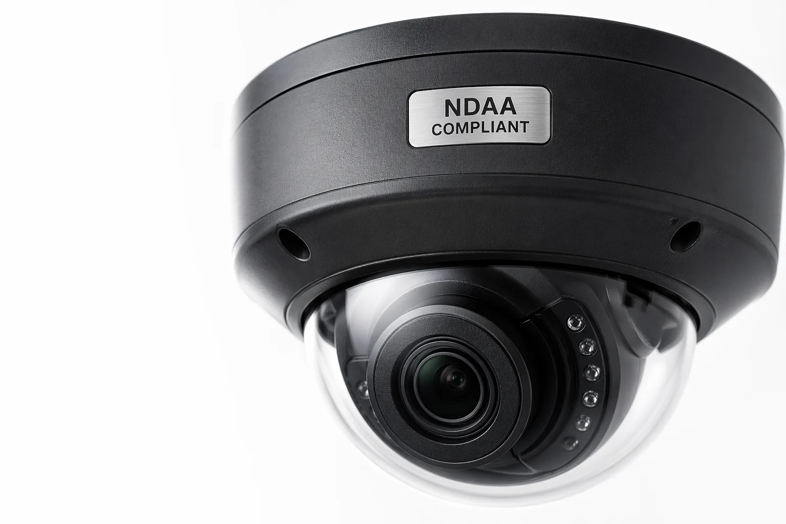 Professionele zwarte dome-camera met zichtbaar metallic NDAA-compliant label op de behuizing