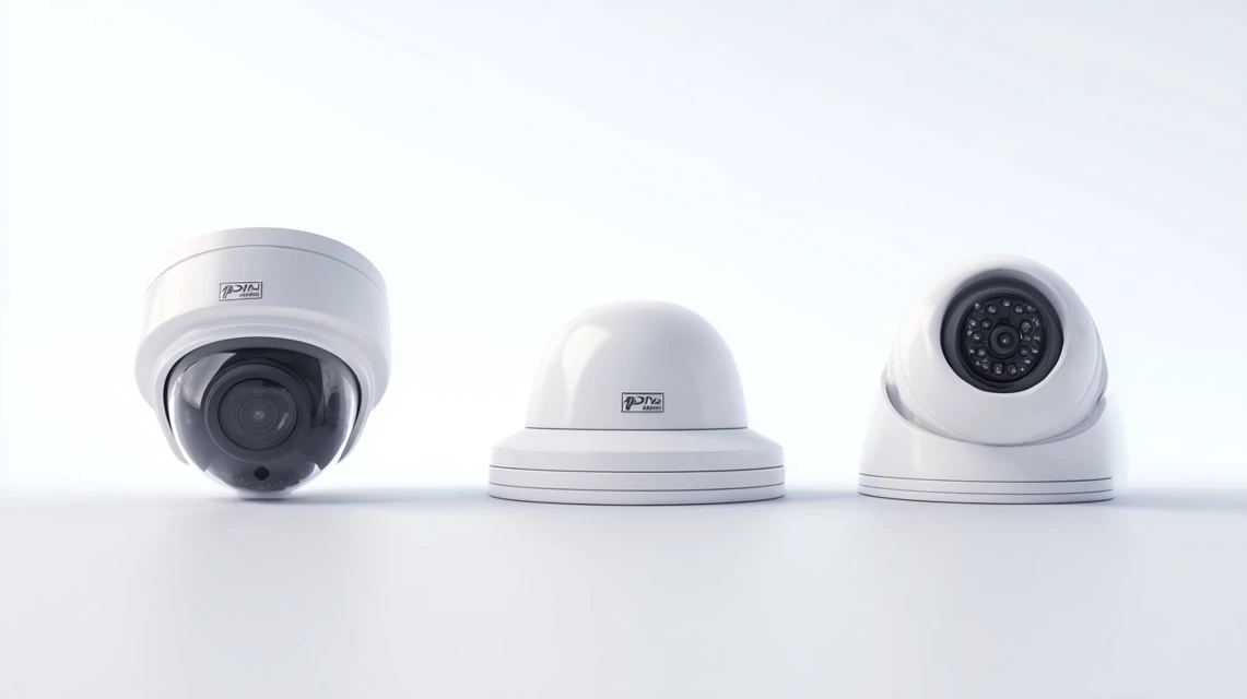 Drie verschillende IP-beveiligingscamera's van verschillende merken naast elkaar: een dome, bullet en turret