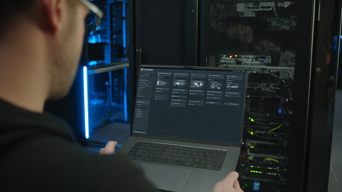 Monteur configureert IP-camera's via een laptop met camera-discovery-interface in een serverruimte