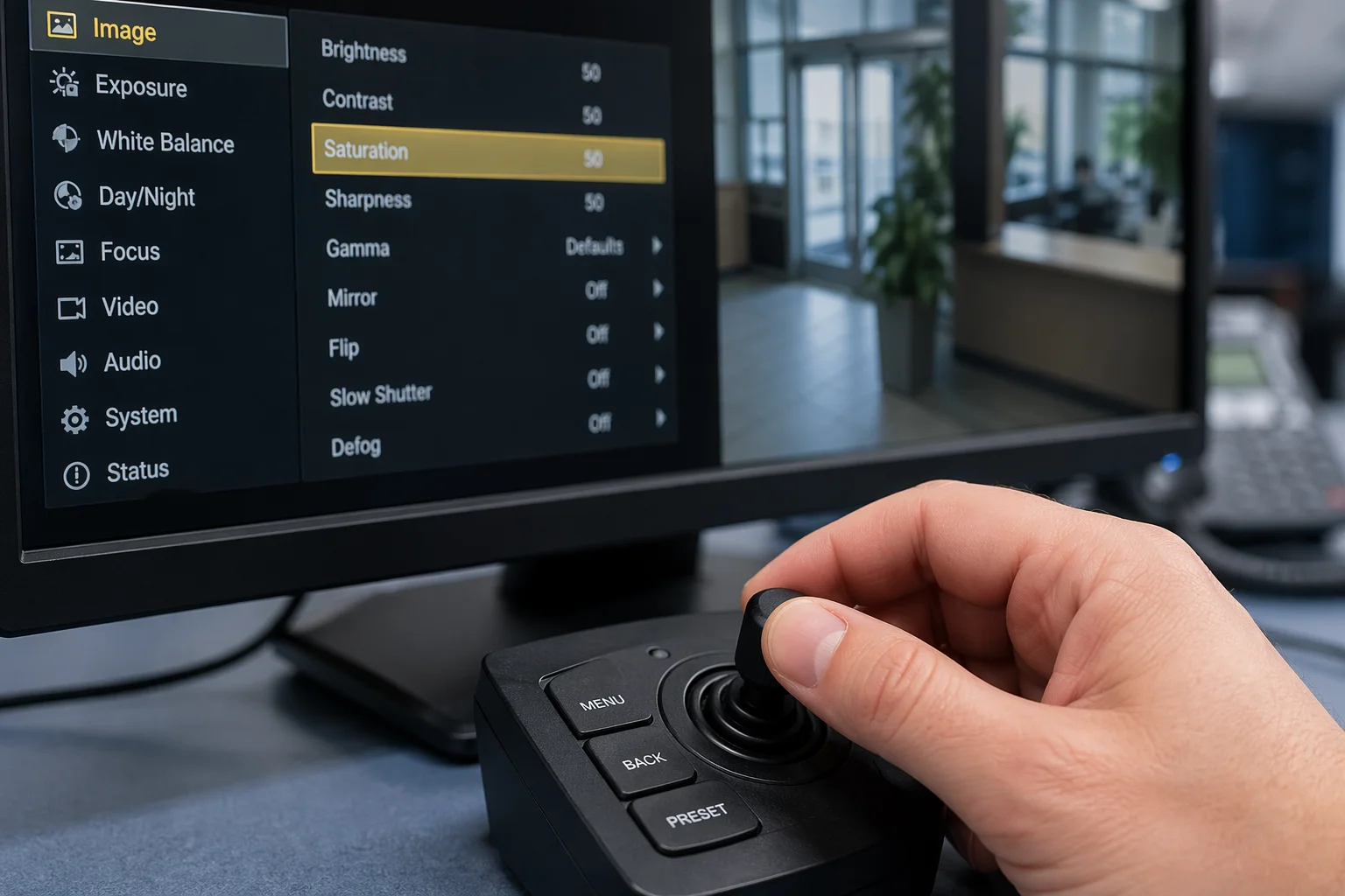 Hand met camera-joystick bedient het OSD-menu voor helderheid, contrast en witbalans