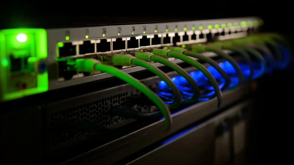PoE-netwerkswitch met meerdere ethernetkabels en groene activity-LEDs in een rackopstelling