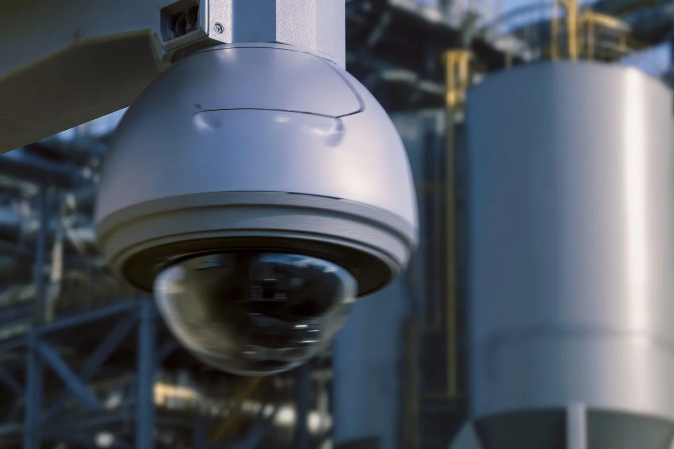 Roterende PTZ-camera in een industriële setting met lichte bewegingsonscherpte op de dome