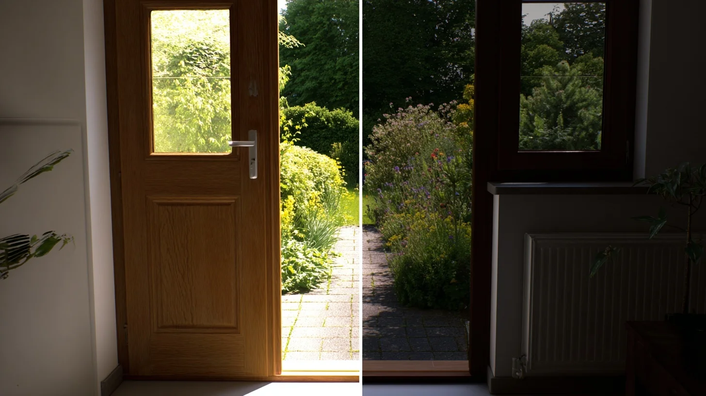 Split-comparison van een voordeur zonder en met WDR-correctie, met helder zicht in zowel licht als schaduw