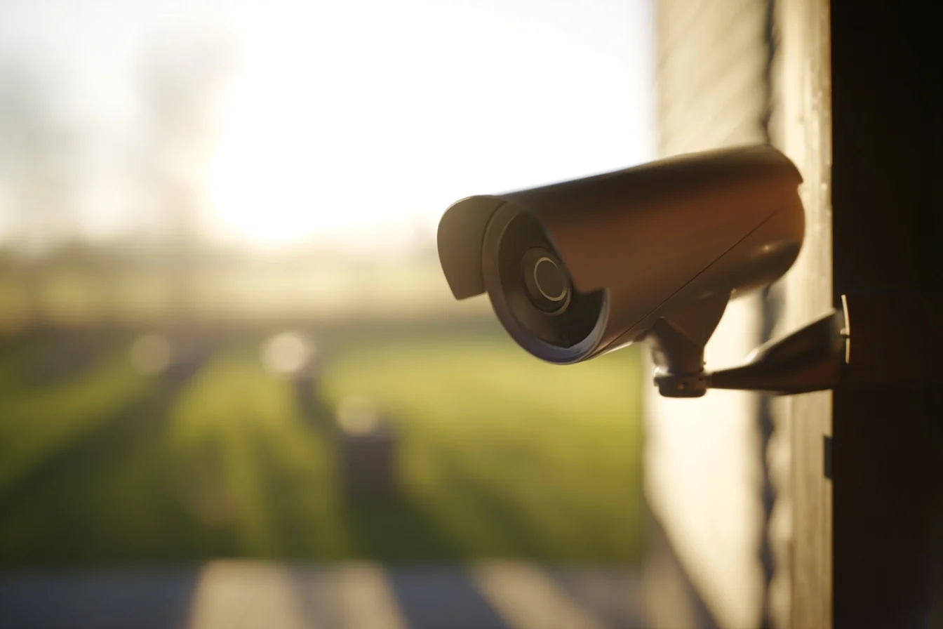 Buitencamera onder een veranda die een helder verlichte achtertuin filmt bij fel tegenlicht