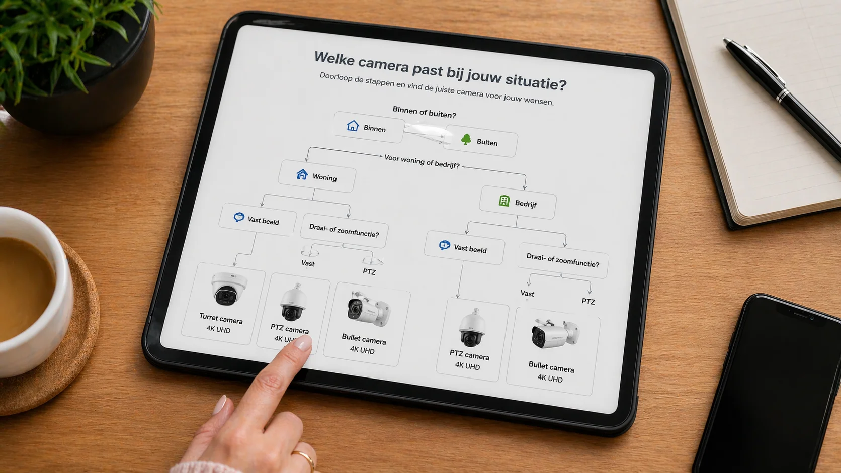 Hand wijst op een camera-selectie diagram op een iPad met vertakkingen voor binnen/buiten en woning/bedrijf