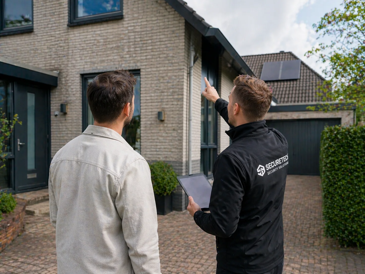 Securetech-adviseur loopt met een klant langs de gevel van een Nederlandse woning om camerapunten te bespreken