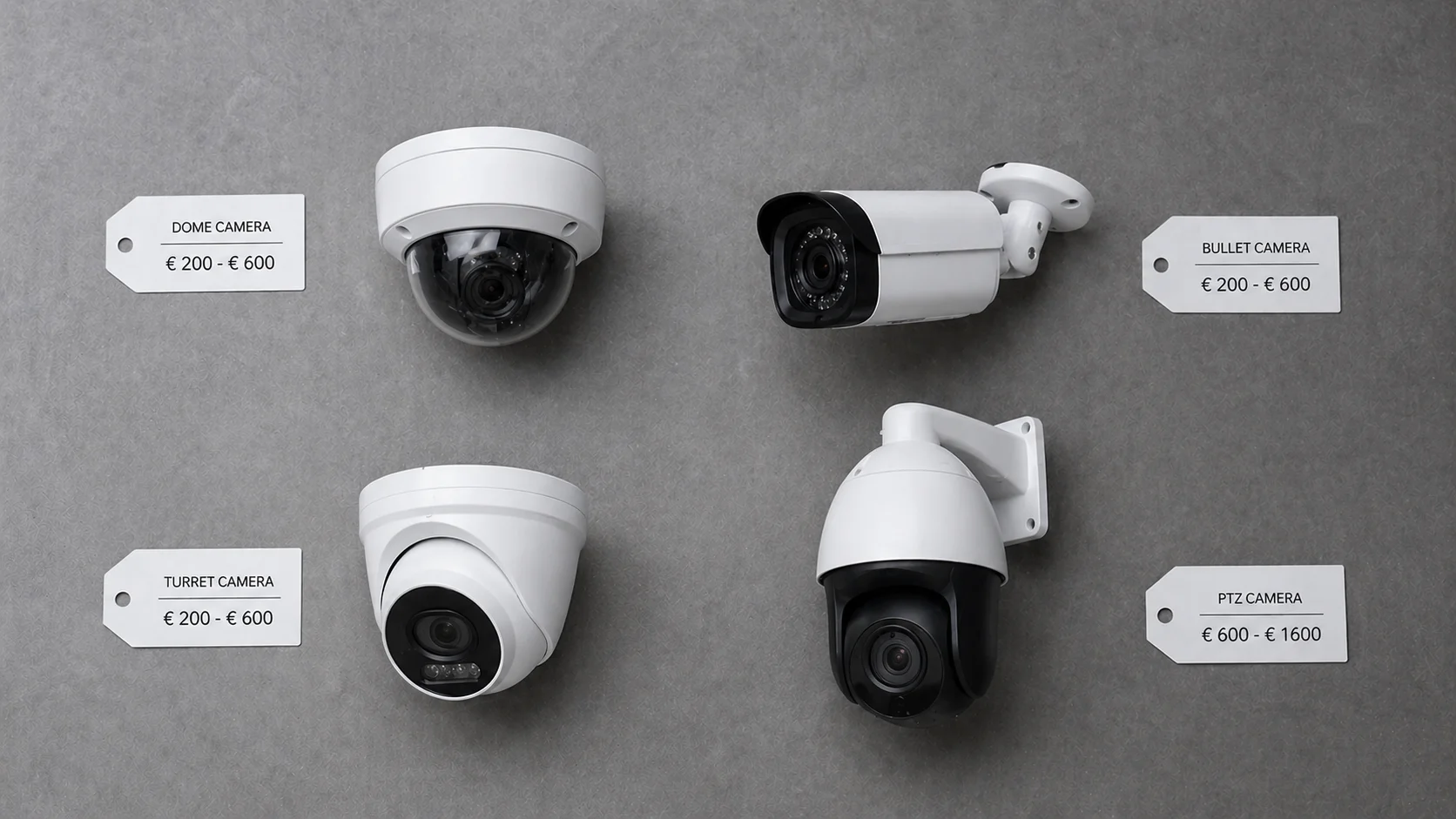 Top-down productfoto van vier camera-types in een 2x2 grid (dome, bullet, turret, PTZ) elk met een prijs-tag ernaast