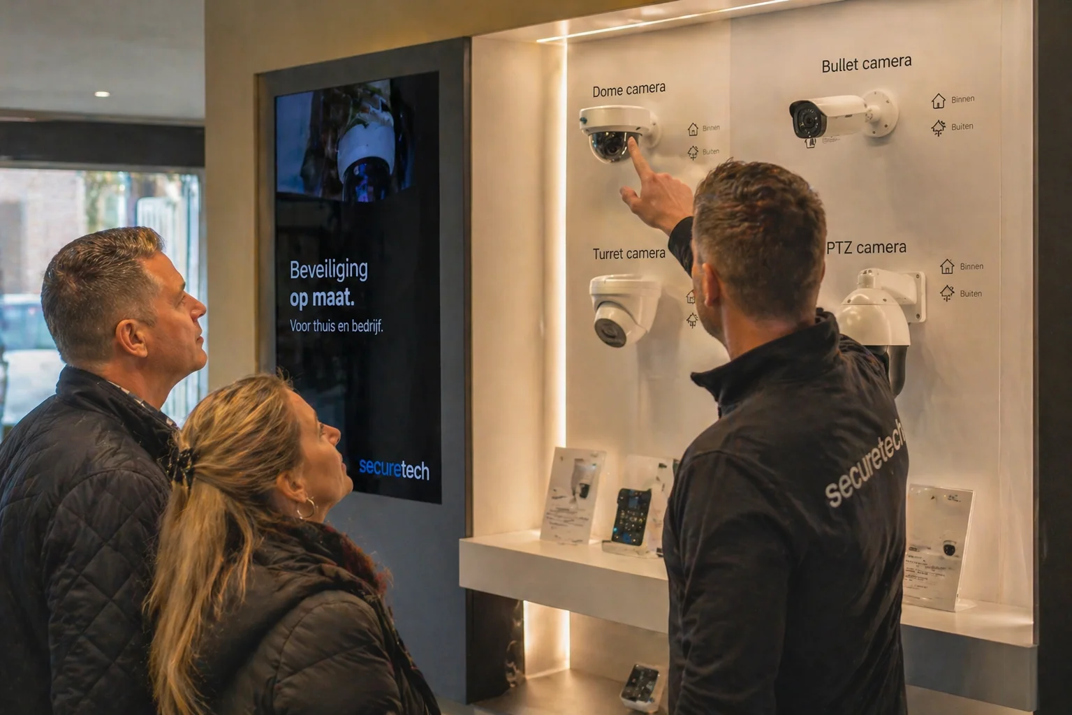 Nederlands koppel in een Securetech-stijl showroom kijkt naar een wand met verschillende camera-modellen, adviseur wijst naar één model