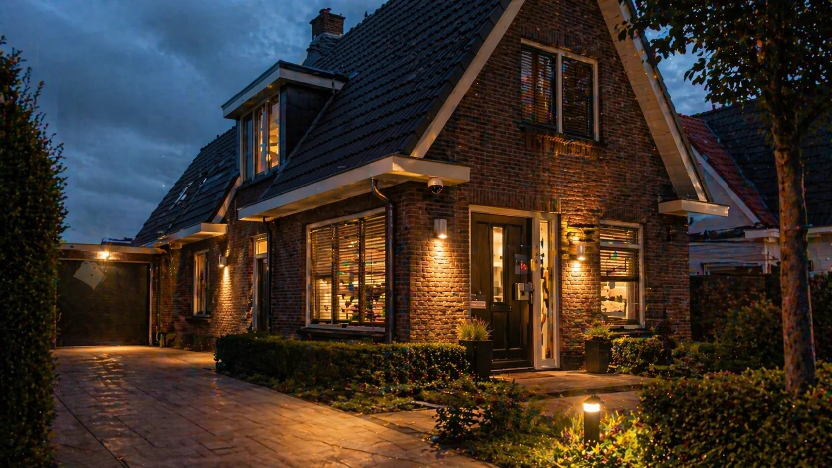Nederlandse vrijstaande woning bij dusk met zichtbare beveiligingsmaatregelen: dome-camera, tuinverlichting en stevige voordeur