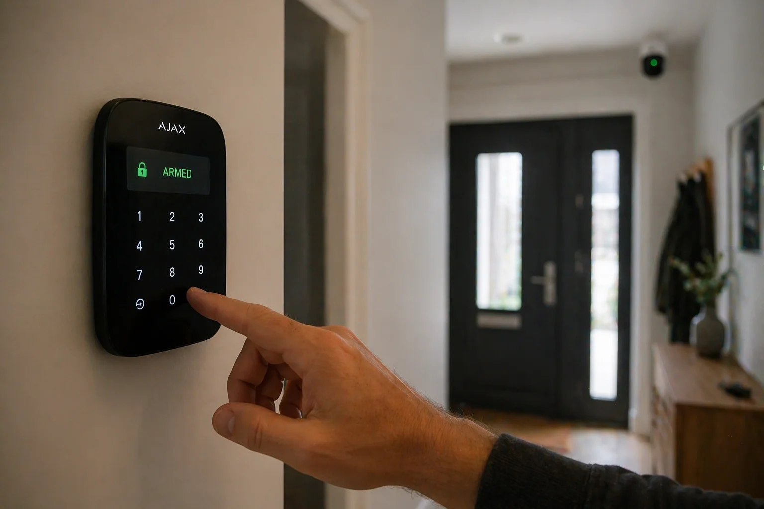 Hand bedient een Ajax alarmkeypad in de hal met de status ARMED in groen